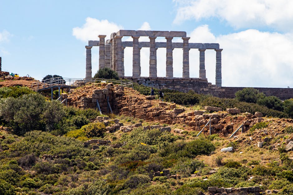 Iconic view of the ancient Temple of Poseidon at Cape Sounion, Greece