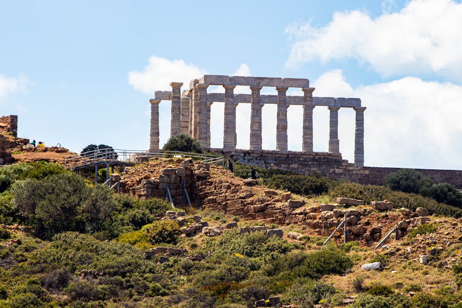 Explore the ancient Temple of Poseidon at Cape Sounion, Greece, with stunning coastal views